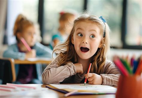 Photo Portrait Of Little Excited Primary School Girl Kid With Smile