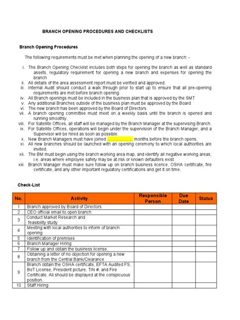 branch opening procedures  checklists  business security