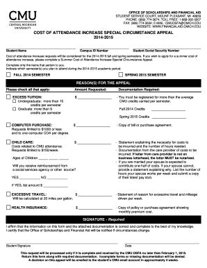 Fillable Online Cmich Cost Of Attendance Increase Special Circumstance