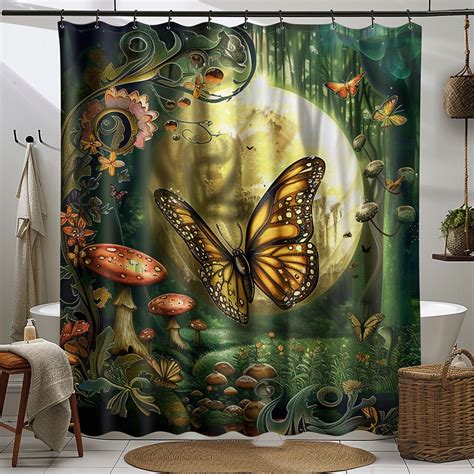 Hyper Realistic Butterfly And Moon Forest Shower Curtain With Mushrooms