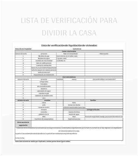 Plantilla de Excel Lista De Verificación Para Dividir La Casa y Hoja de