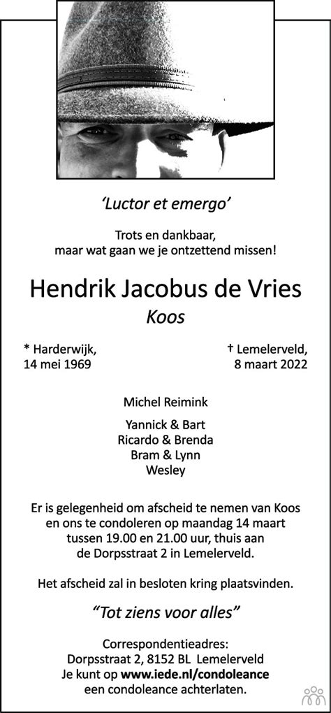 Hendrik Jacobus Koos De Vries Overlijdensbericht En