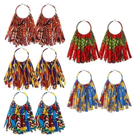 5 Pairs African Fabric Tassel Earrings African Jewelry Afrocentric Earrings Ankara Fringe Hoop