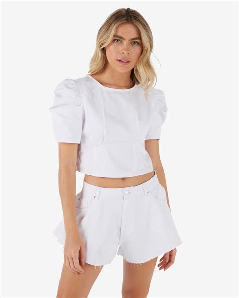 Riachuelo Blusa Cropped Feminina Manga Bufante Jeans Color Branco