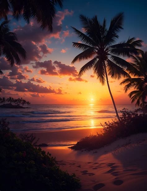 Premium Photo Photo Of A Stunning Tropical Beach Sunset With Palm Trees