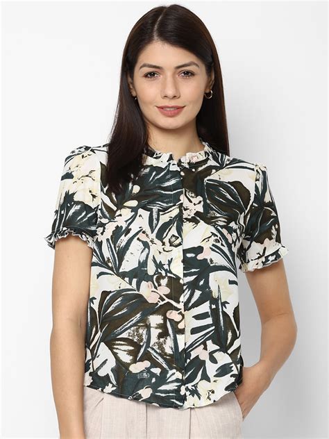 Buy Allen Solly Woman White And Green Floral Print Mandarin Collar