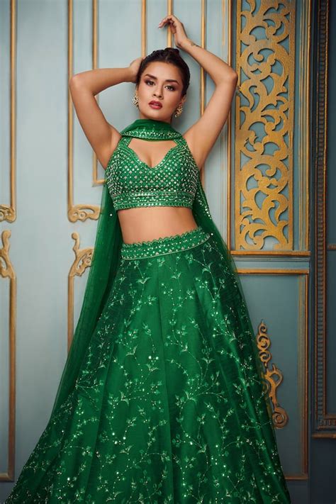 Buy Ariyana Couture Green Dupion Floral Embroidered Lehenga Set Online