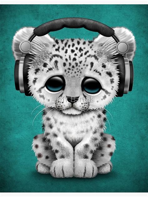 Cute Snow Leopard Cub Dj Wearing Headphones On Blue Art Print For