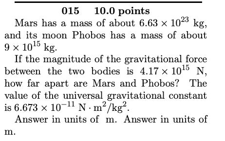 Solved 01510.0 points Mars has a mass of about 6.63×1023 kg, | Chegg.com