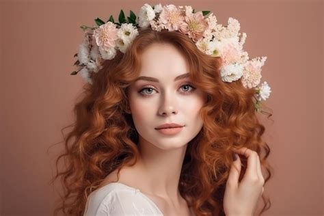 Premium Ai Image A Beautiful Red Haired Girl With A Wreath Of Flowers On Her Head Is Looking