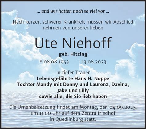 Traueranzeigen Von Ute Niehoff Abschied Nehmen De