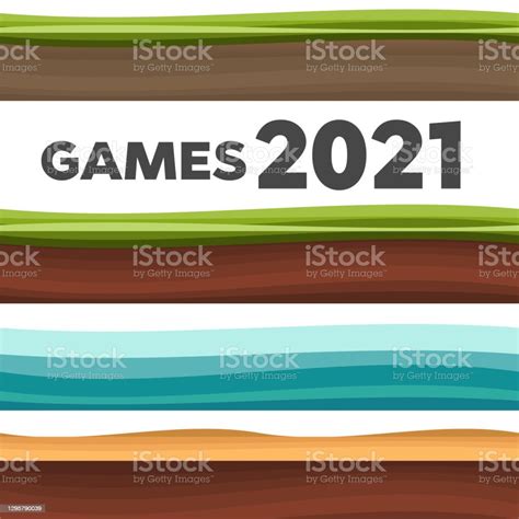 Set Of Ground Surfaces Grass Rocks And Water Landscape Cartoon Ui Games Ground Texture Stock