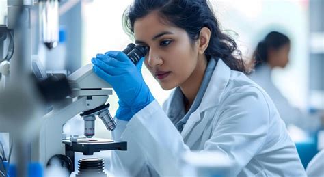 An Attractive Female Scientist Wearing Blue Gloves And A White Lab Coat