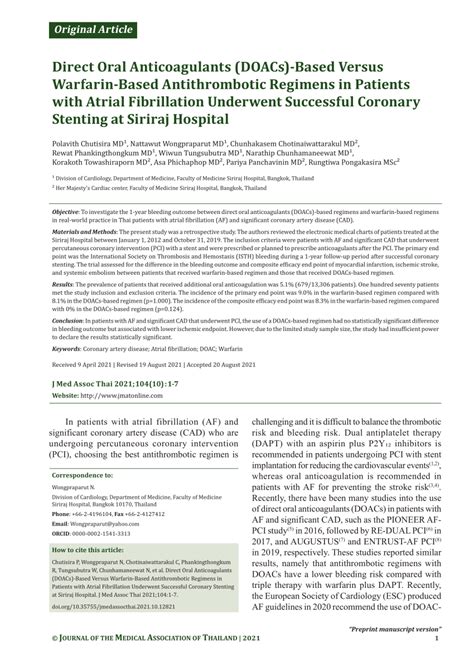 Pdf Direct Oral Anticoagulants Doacs Based Versus Warfarin Based