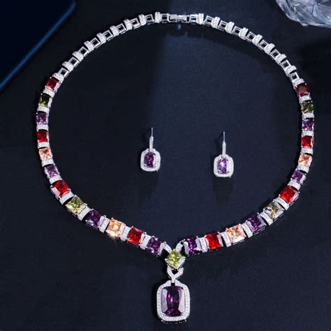 Two Piece Set Of European And American Color Zircon Necklace Earrings