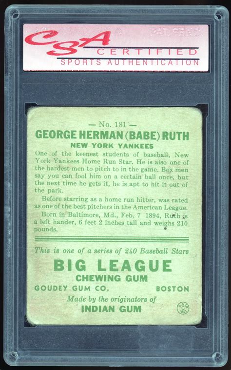 Lot Detail Babe Ruth 1933 Goudey 181 CSA Graded VG 3 CSA