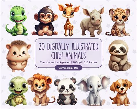 20 Digitally Illustrated Chibi Animals Clipart Cute, Chibi, Book ...