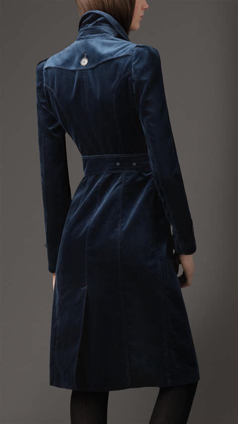 Burberry Long Velvet Trench Coat In Blue Lyst