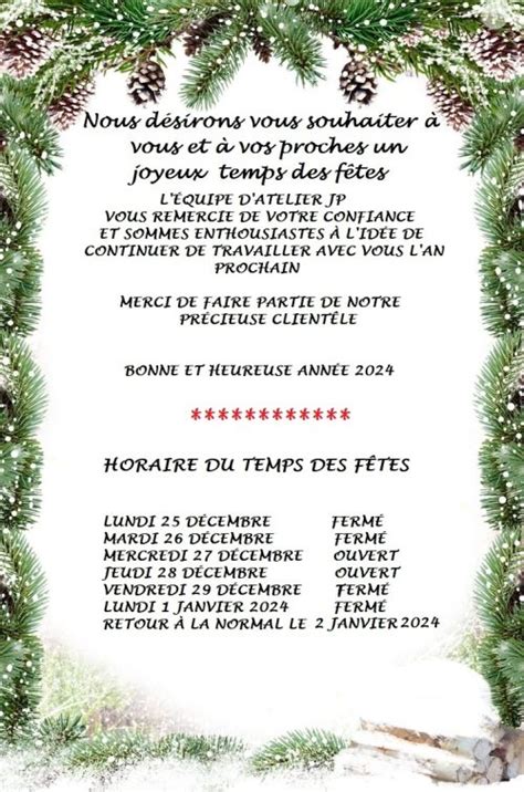 HORAIRE DU TEMPS DES FÊTES 2023 Atelier JP