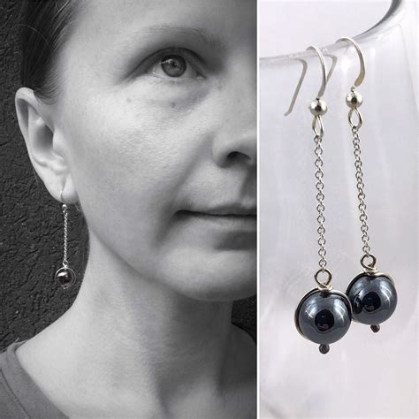 Hematite Stone Orb Earrings Solid Sterling Silver Round Smooth