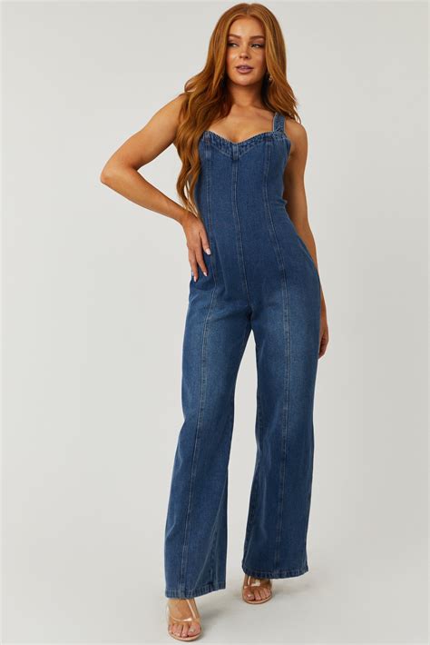 Dark Washed Sleeveless Open Back Denim Jumpsuit Lime Lush Boutique