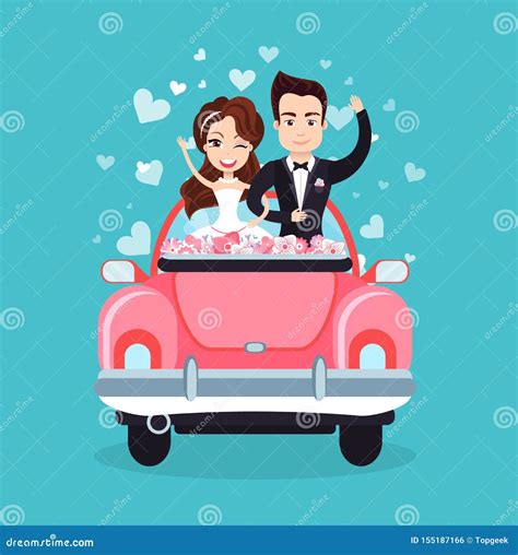 Newlywed Couple Riding Car Waving Hands Vector Stock Vector