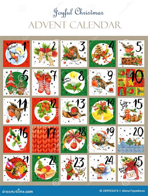 Printable Christmas Advent Calendar with Robin Birds Stock Illustration