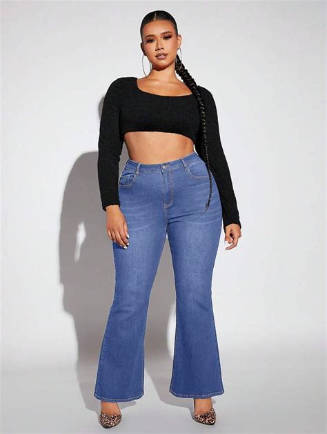 SHEIN SXY Plus Size Washed Flared Jeans SHEIN UK