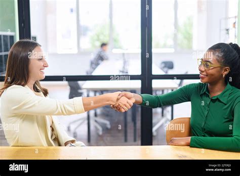 Two Businesswomen Sitting At The Desk And Shaking Hands Each Other In