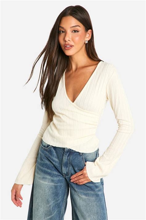 Brushed Rib Wrap Front Long Sleeve Top Boohoo Uk