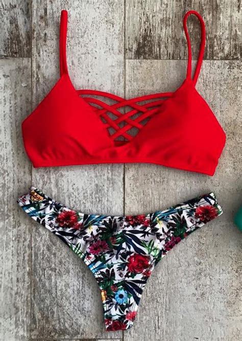 Floral Cross Hollow Out Sexy Bikini Set Fairyseason