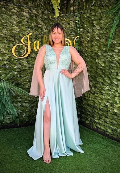 Vestido Verde Menta Manga Nude Voal Brilho Corpo Todo Bordado