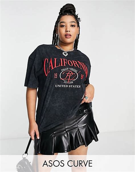 Asos Design Curve Oversized T Shirt With Red California Embroidery In