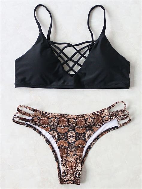 Black Leopard Criss Cross Sexy Bikini Set Bellechic