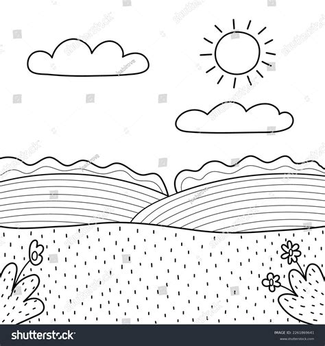 Black White Meadow Landscape Cartoon Style Stock Vector (Royalty Free ...