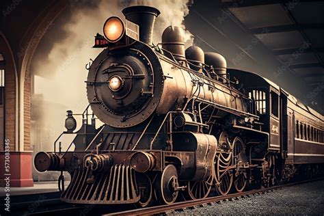 Vintage Steam Train Locomotive. In Train Station. Beautiful Vintage ...