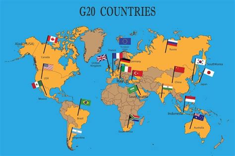 Mapa mundial dos países do g20 bandeiras membro do grupo g20 de