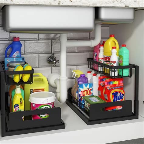 Under Sink Organizer and Storage, 2 Pack Pull Out Cabinet Organizer Slide Out Sink Shelf Cabinet ...