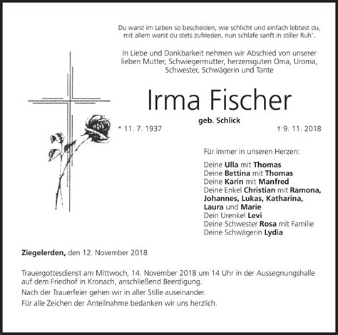 Irma Fischer Traueranzeige Trauer Infranken De