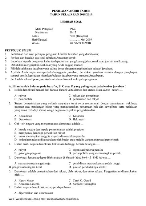 Soal Pat Pkn Kelas 8 K13 Websiteedukasi Penilaian Akhir Tahun Tahun