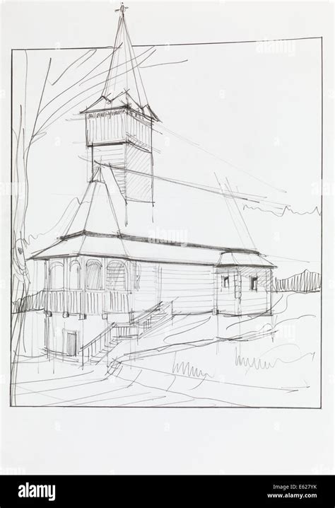 hand drawn architectural perspective  wooden church stock photo alamy