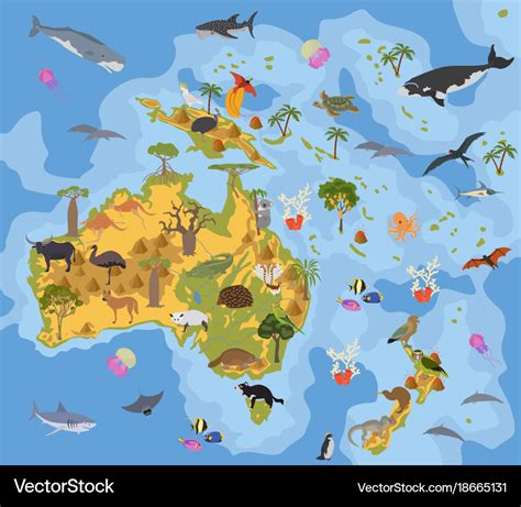 Australia And Oceania Flora And Fauna Map Flat Vector Image