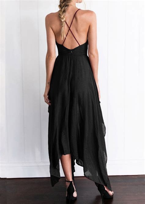 Solid Deep V Neck Asymmetric Maxi Dress Without Necklace Fairyseason