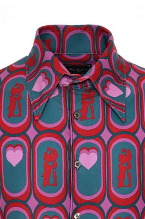 Mens 70s Red Valentine Hearts Print Long Sleeve Shirt Retro Lovers Vintage Clothing Shop