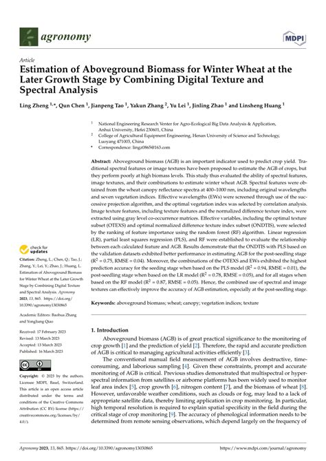 PDF Estimation Of Aboveground Biomass For Winter Wheat At The Later