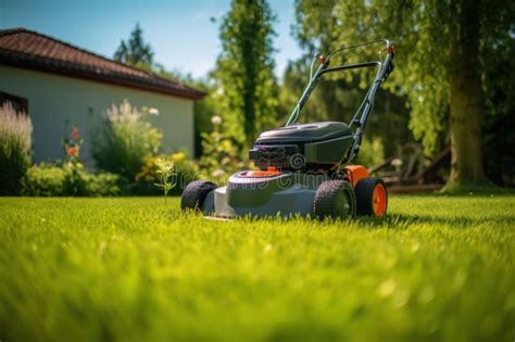 A Lawn Mover On Green Grass In Modern Garden Machine For Cutting Lawns Stock Image Image Of