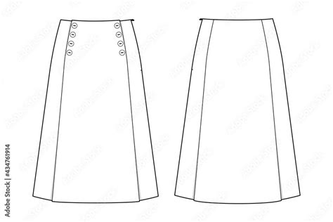 Fashion technical drawing of skirt with buttons. Fashion flat sketch of ...