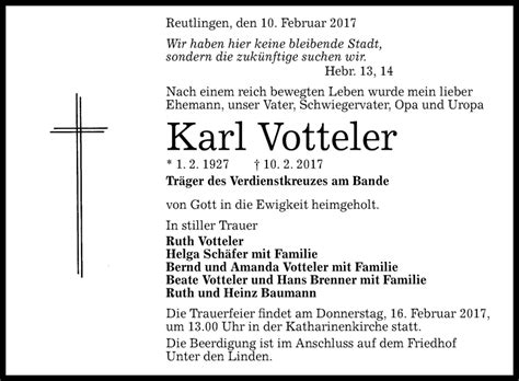 Traueranzeigen Von Karl Votteler Trauer Gea De