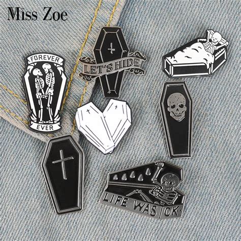 Gothic Dark Coffin Enamel Pins Black Dark Humor Brooches Badges