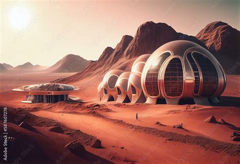 Futuristic Architecture On A Mars Like Red Planet With Metallic